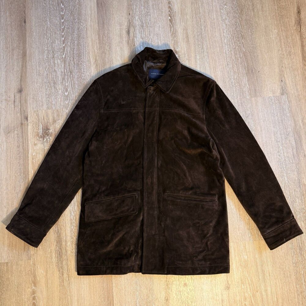 Vintage Banana Republic Suede Leather Car Coat Size L Dark Brown Quilt Interior